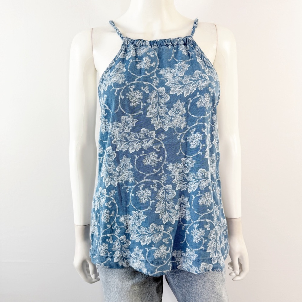 Rachel Ashwell Blue Floral Chambray Tank Top Size S Casual Summer Lyocell